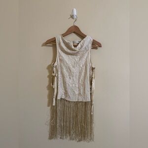 Sea New York Priscilla Embroidery Cowl Neck Fringe Vest Cream Size XS